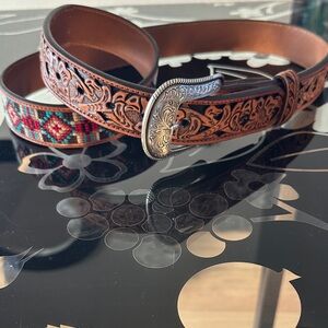 3D Men's Brown Genuine Leather Belt with Embellishment and Silver Buckle